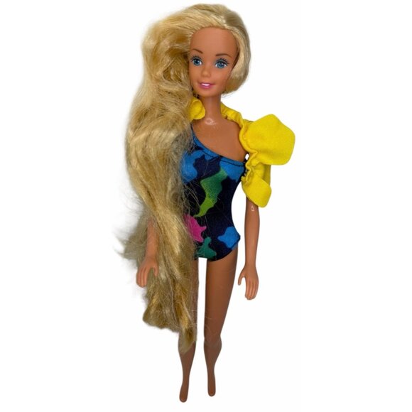 W/ SWIMSUIT & RUFFLE Vintage 1985 Tropical Barbie Doll #1017 1980s Blue Floral - Picture 1 of 9